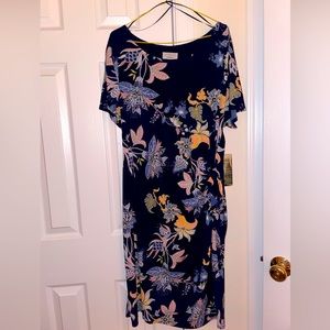 Stretch Navy floral design Misses XL knit dress ~ faux-wrap front